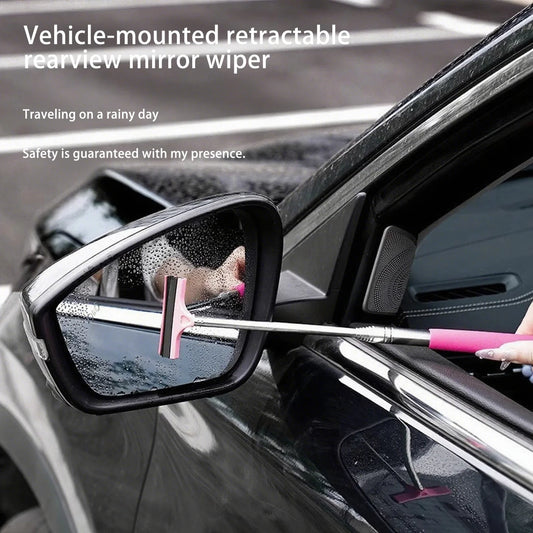 MOTIXGEAR™ Rearview Mirror Wiper – Telescopic Handle, Stainless Steel Auto Glass Cleaning Tool & Anti-Fog Brush