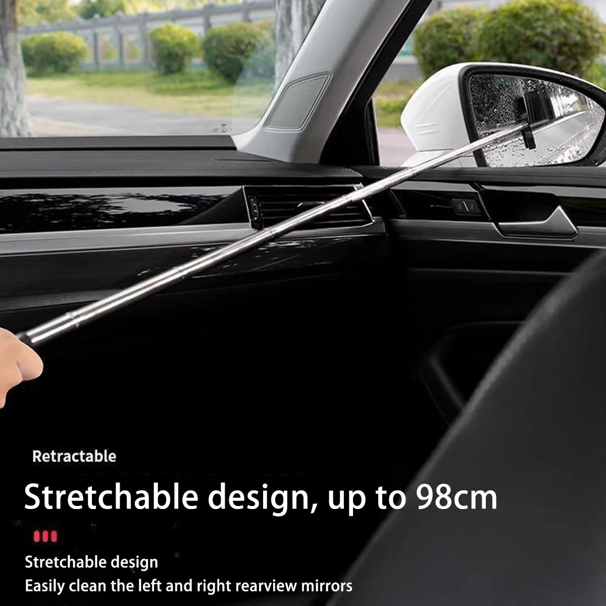 MOTIXGEAR™ Rearview Mirror Wiper – Telescopic Handle, Stainless Steel Auto Glass Cleaning Tool & Anti-Fog Brush